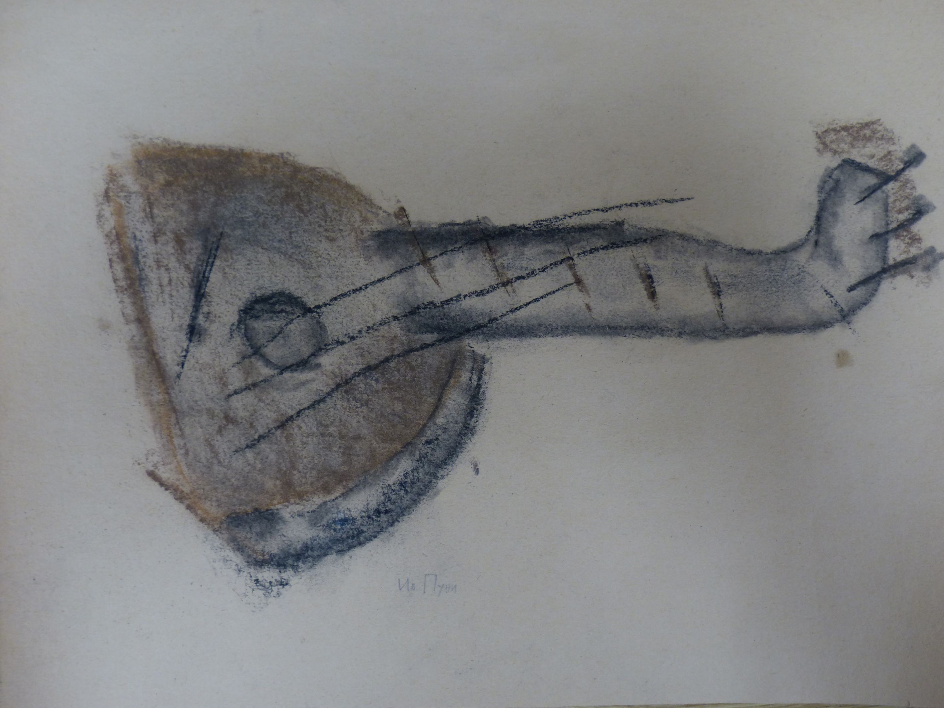 Ivan Puni, charcoal and pastel, Study of a mandolin, signed in pencil, 26 x 35cm, unframed